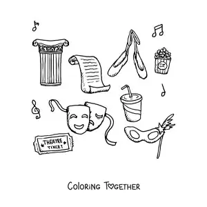 Coloring page of theater elements and symbols