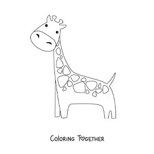 Coloring page of a kawaii cartoon giraffe with its head tilted to the right