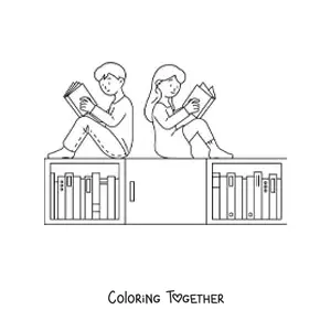 Coloring page of two kids reading in the library