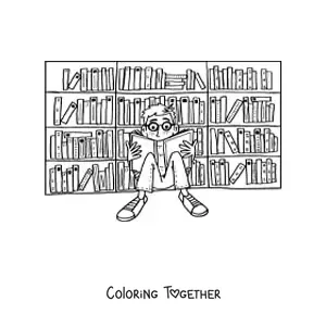 Coloring page of a boy reading in the library