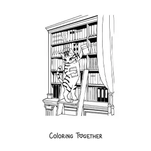 Coloring page of a cartoon cat looking for a book in the library