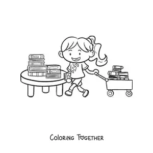 Coloring page of a girl with books in the library