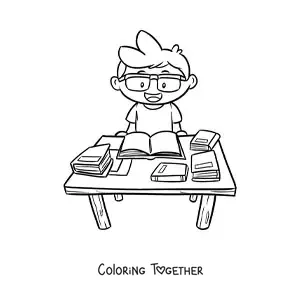 Coloring page of a boy doing homework in the school library