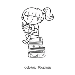 Coloring page of a girl reading while sitting on a pile of books