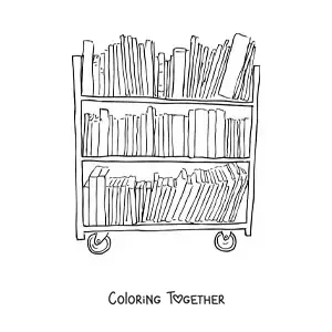 Coloring page of a library shelf