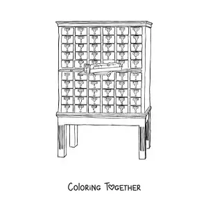Coloring page of a library card catalog