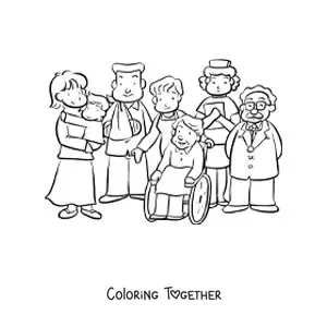 Coloring page of several patients together with the hospital staff