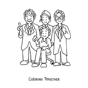 Coloring page of three doctors and a patient