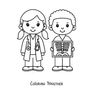 Coloring page of a kawaii doctor and radiologist