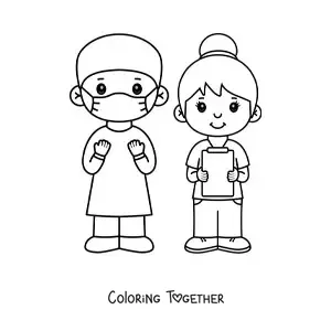 Coloring page of a kawaii surgeon and nurse