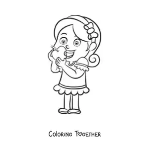 Coloring page of a girl eating an apple