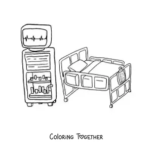 Coloring page of a hospital bed and medical equipment