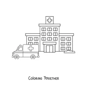 Coloring page of a hospital and an ambulance