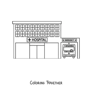 Coloring page of a hospital and a parked ambulance