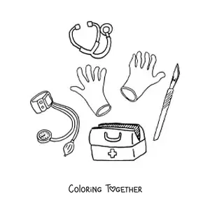 Coloring page of several medical instruments