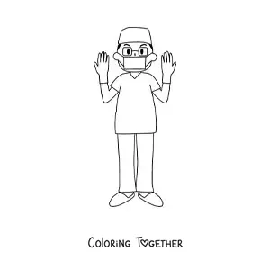 Coloring page of a nurse with gloves and a mask