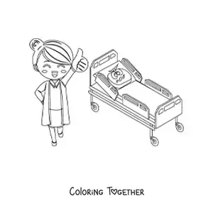 Coloring page of a cartoon nurse and a hospital bed