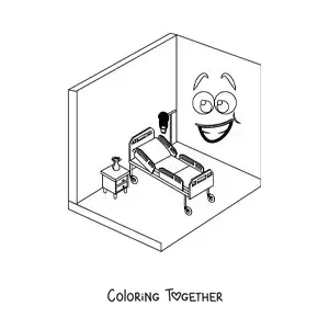 Coloring page of a cartoon hospital room