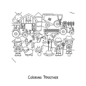 Coloring page of a kawaii farm