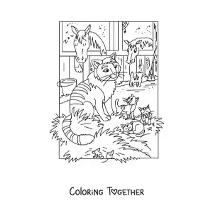 Coloring page of four cartoon cats and two horses in a stable