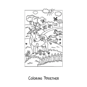 Coloring page of several cartoon cows grazing on the farm