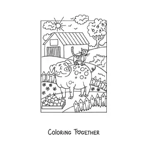 Coloring page of a cartoon pig and a cat on the farm