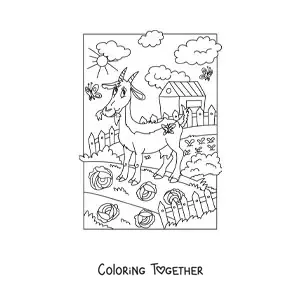 Coloring page of a cartoon goat grazing on the farm
