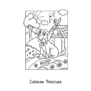 Coloring page of a cartoon dog on the farm
