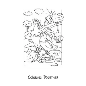 Coloring page of a cartoon hen with a rooster and chicks on the farm