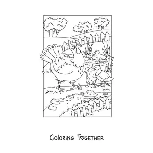 Coloring page of several birds on the farm