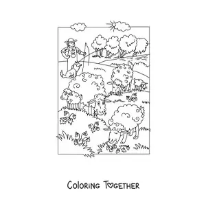 Coloring page of a shepherd with his grazing sheep