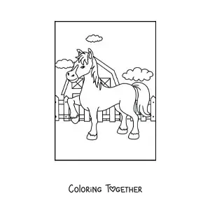 Coloring page of a cartoon horse on the farm