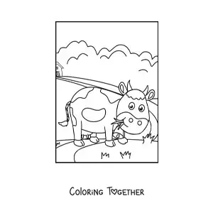 Coloring page of a cartoon cow grazing
