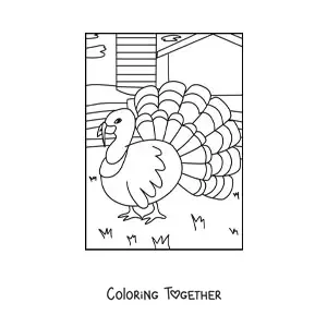 Coloring page of a peacock on the farm