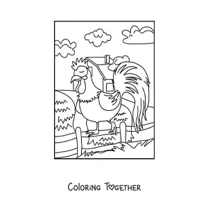 Coloring page of a rooster on the farm