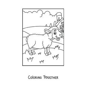 Coloring page of a cartoon sheep on the farm