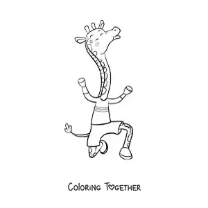 Coloring page of a cartoon giraffe dancing on two legs