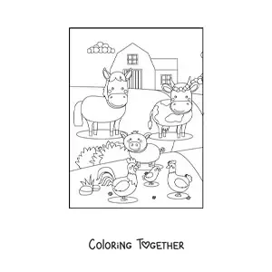 Coloring page of several farm animals