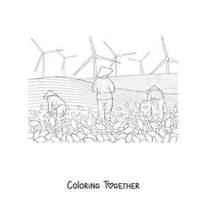 Coloring page of a rice field