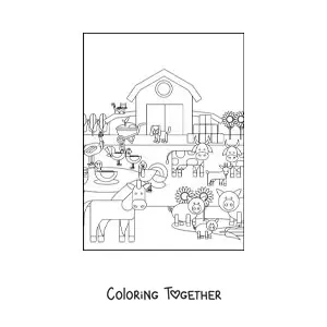 Coloring page of a farm with animals