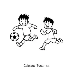 Coloring page of two children playing soccer
