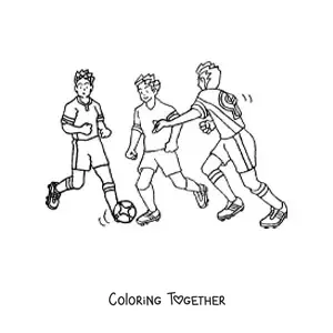 Coloring page of three men playing soccer