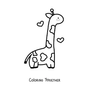 Coloring page of a kawaii giraffe in profile with hearts floating around it