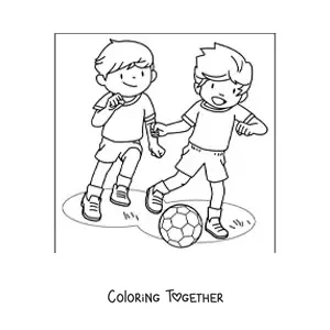 Coloring page of two kids playing soccer