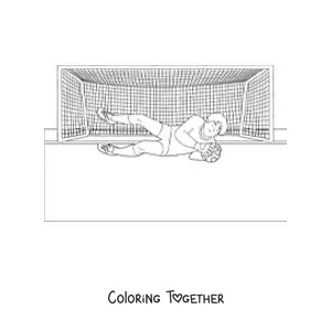 Coloring page of a goalkeeper stopping a ball at the goal