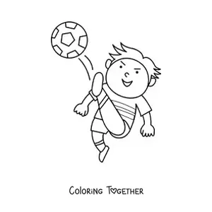 Coloring page of a boy kicking the soccer ball