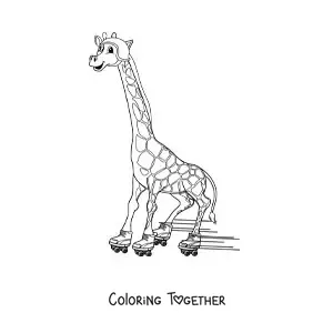 Coloring page of a cartoon giraffe happily skating