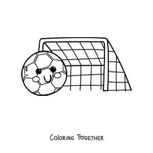 Coloring page of a kawaii soccer ball next to the goal