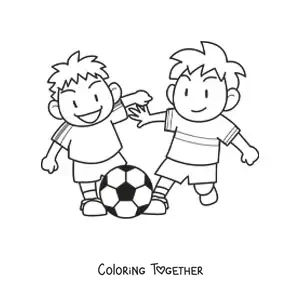 Coloring page of two kids playing soccer