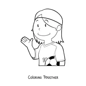 Coloring page of a girl soccer player waving